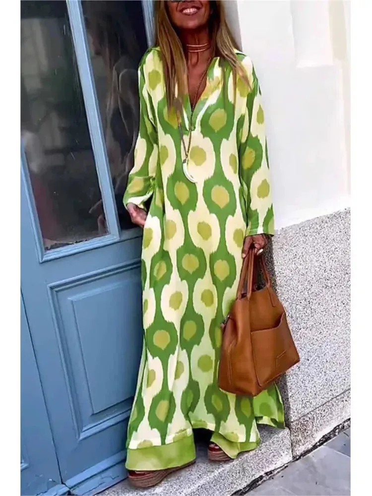 Uniwim Women Geometric Printing Split Maxi Dress 2024 Autumn Causal V Neck Long Sleeve Dresses Female Holiday Beach Boho Dress Vestidos