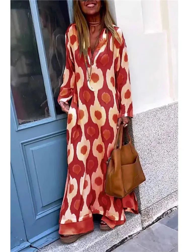 Uniwim Women Geometric Printing Split Maxi Dress 2024 Autumn Causal V Neck Long Sleeve Dresses Female Holiday Beach Boho Dress Vestidos