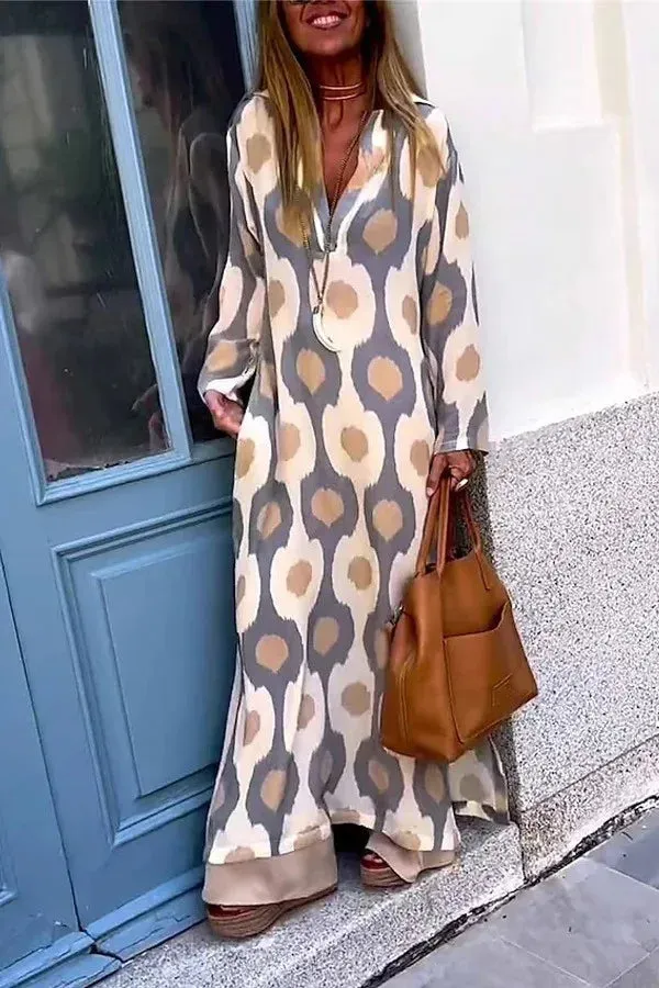 Uniwim Women Geometric Printing Split Maxi Dress 2024 Autumn Causal V Neck Long Sleeve Dresses Female Holiday Beach Boho Dress Vestidos