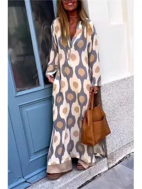 Uniwim Women Geometric Printing Split Maxi Dress 2024 Autumn Causal V Neck Long Sleeve Dresses Female Holiday Beach Boho Dress Vestidos