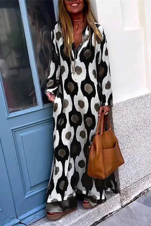 Uniwim Women Geometric Printing Split Maxi Dress 2024 Autumn Causal V Neck Long Sleeve Dresses Female Holiday Beach Boho Dress Vestidos