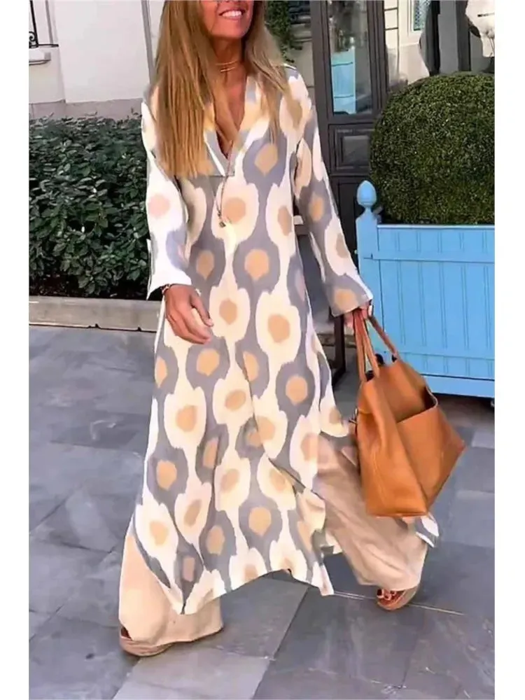 Uniwim Women Geometric Printing Split Maxi Dress 2024 Autumn Causal V Neck Long Sleeve Dresses Female Holiday Beach Boho Dress Vestidos