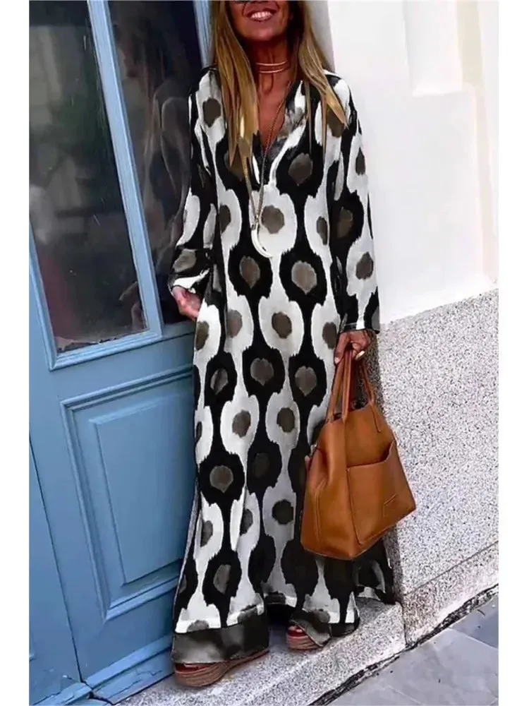 Uniwim Women Geometric Printing Split Maxi Dress 2024 Autumn Causal V Neck Long Sleeve Dresses Female Holiday Beach Boho Dress Vestidos