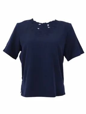 Vintage 80s Bohemian Prairie Style Solid Navy Blue Floral Cutout Half Sleeve Scoop Neck Pullover Blouse with Shoulder Pads | Women’s Size Small