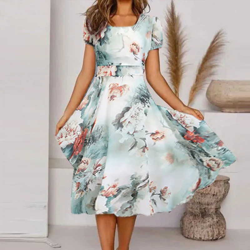Vintage Short Sleeve Floral Printed Dress