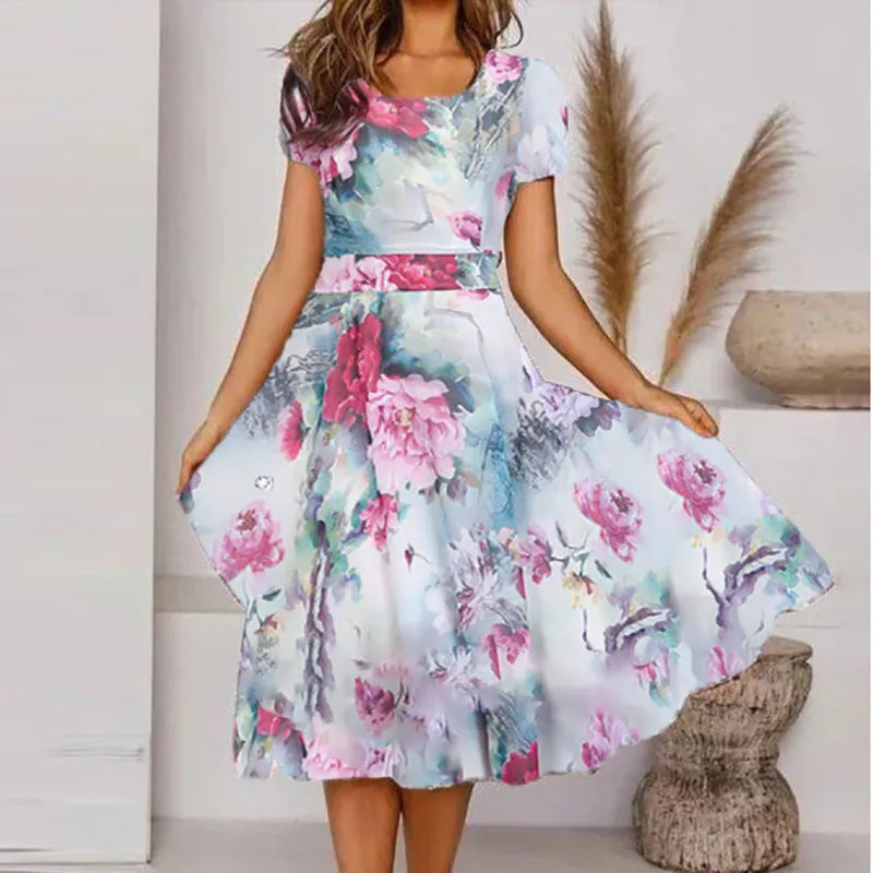 Vintage Short Sleeve Floral Printed Dress