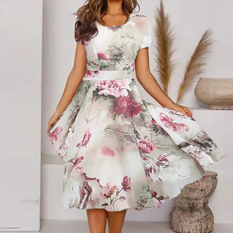 Vintage Short Sleeve Floral Printed Dress