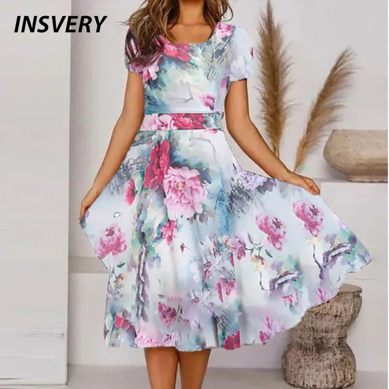 Vintage Short Sleeve Floral Printed Dress