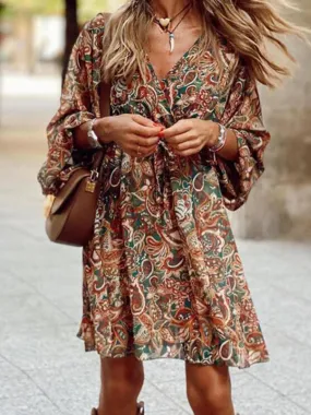 Wenkouban Boho Dress Vintage Printed Dress Women Sexy V-Neck Ruffle Spring Casual Long Sleeve Holiday Beach Dresses Vestido Feminino