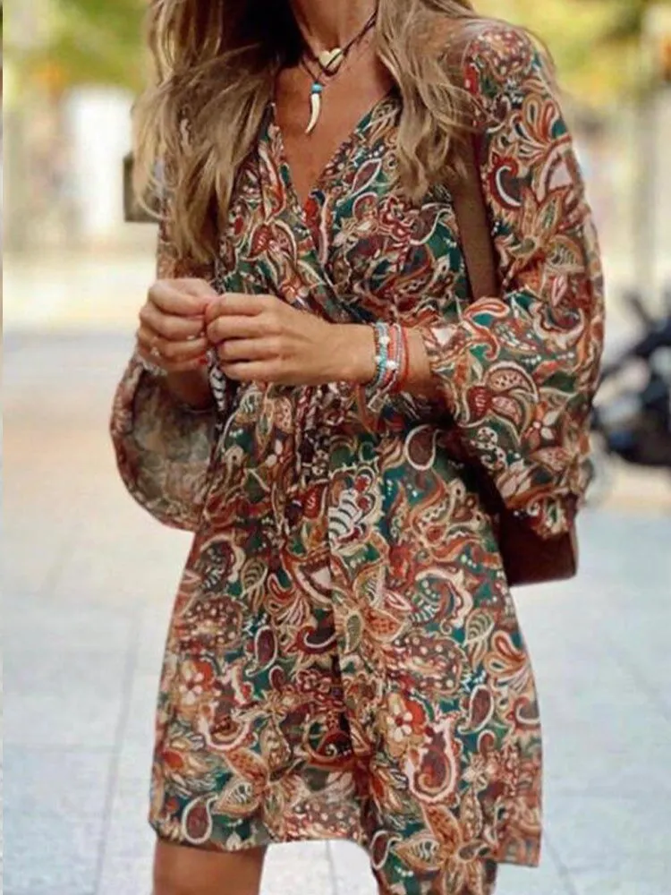 Wenkouban Boho Dress Vintage Printed Dress Women Sexy V-Neck Ruffle Spring Casual Long Sleeve Holiday Beach Dresses Vestido Feminino