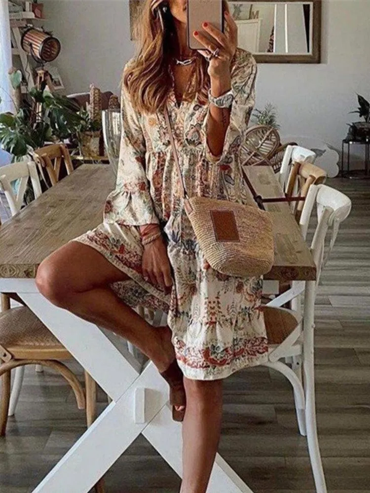 Wenkouban Boho Dress Vintage Printed Dress Women Sexy V-Neck Ruffle Spring Casual Long Sleeve Holiday Beach Dresses Vestido Feminino