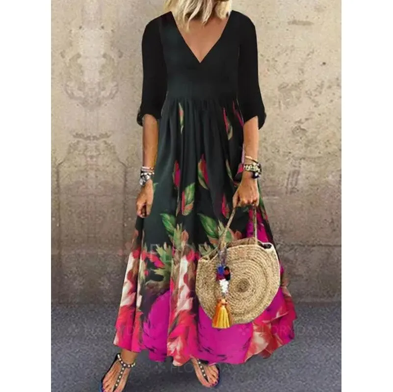 Wenkouban Sukienki Midi Airycloth Printed Dress 2023 New Ladies Elegant V Neck Half Sleeve Loose A-Line Dress Summer Party Dresses