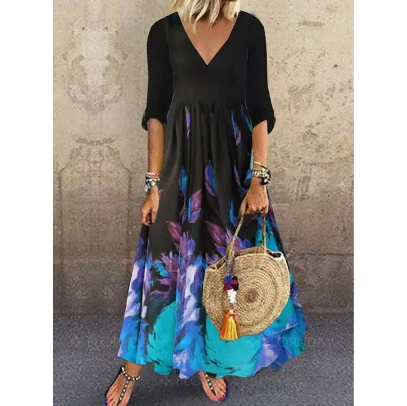 Wenkouban Sukienki Midi Airycloth Printed Dress 2023 New Ladies Elegant V Neck Half Sleeve Loose A-Line Dress Summer Party Dresses