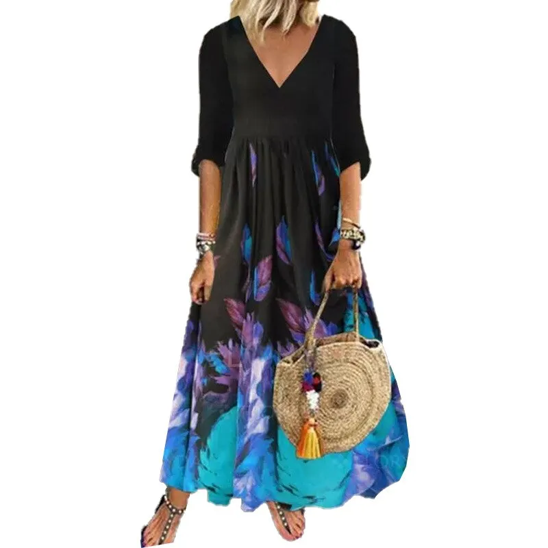Wenkouban Sukienki Midi Airycloth Printed Dress 2023 New Ladies Elegant V Neck Half Sleeve Loose A-Line Dress Summer Party Dresses