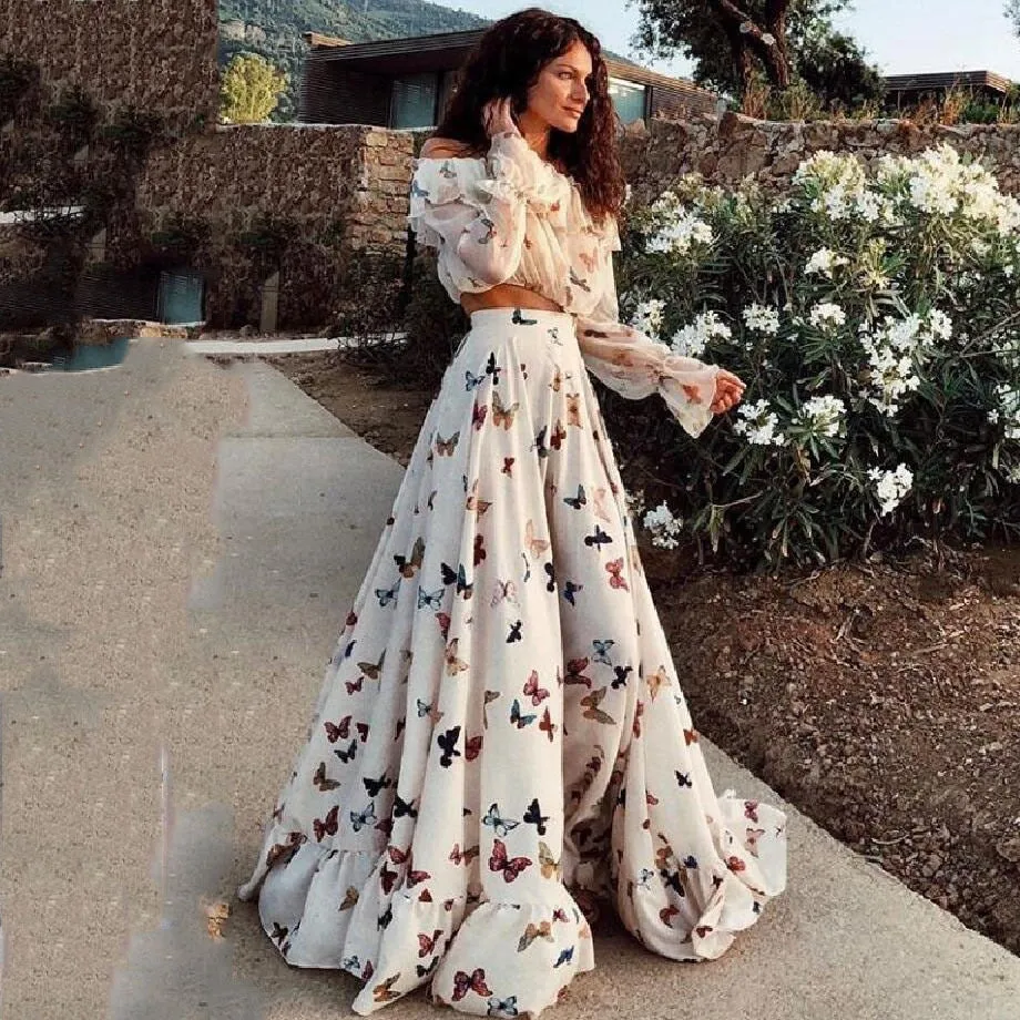 Wenkouban Vintage Butterfly Print Dress Women 2 Piece Set Summer Elegant Long Sleeve Dresses Female Sexy Off Shoulder Beach Party Vestidos