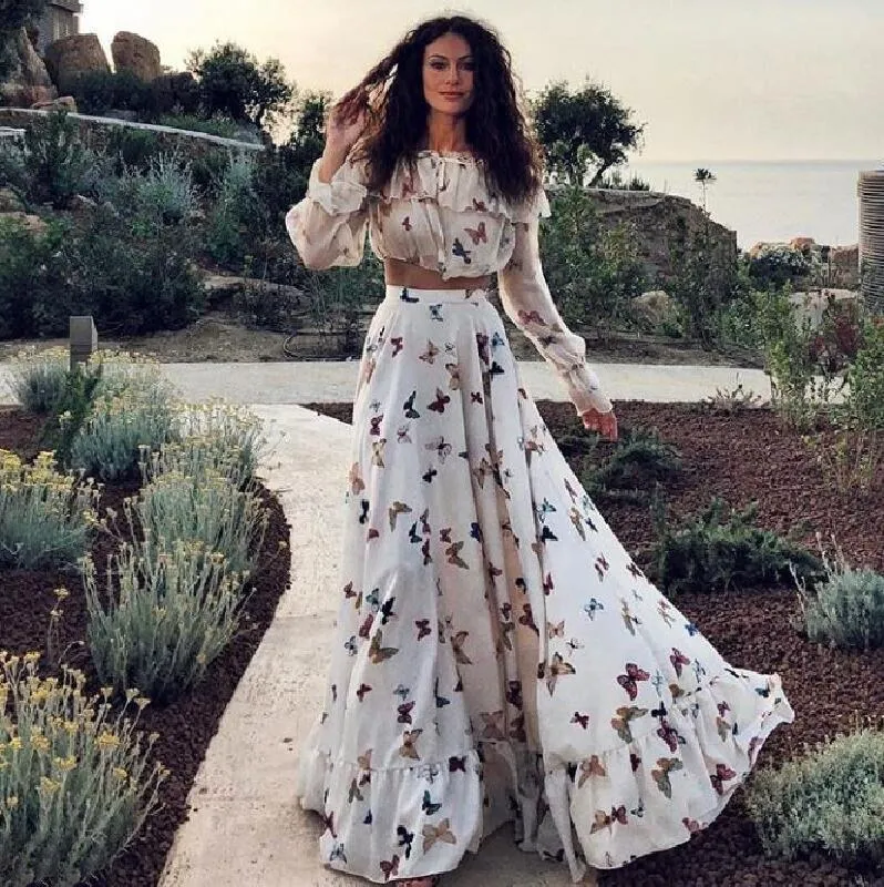 Wenkouban Vintage Butterfly Print Dress Women 2 Piece Set Summer Elegant Long Sleeve Dresses Female Sexy Off Shoulder Beach Party Vestidos