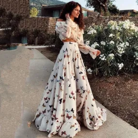 Wenkouban Vintage Butterfly Print Dress Women 2 Piece Set Summer Elegant Long Sleeve Dresses Female Sexy Off Shoulder Beach Party Vestidos