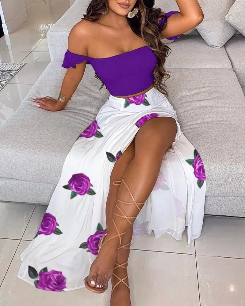 Wenkouban Women Floral Print 2 Piece Set Y2K Sexy Print Crop Top Shirring Set