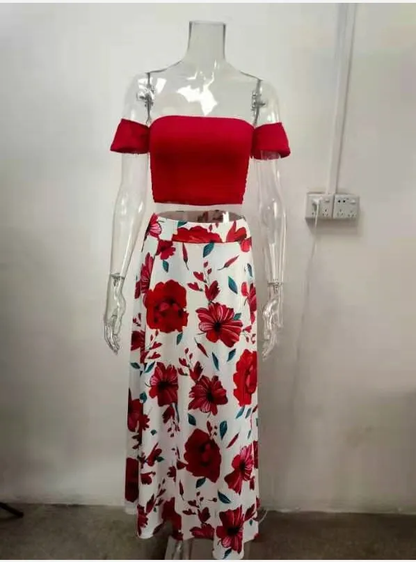 Wenkouban Women Floral Print 2 Piece Set Y2K Sexy Print Crop Top Shirring Set