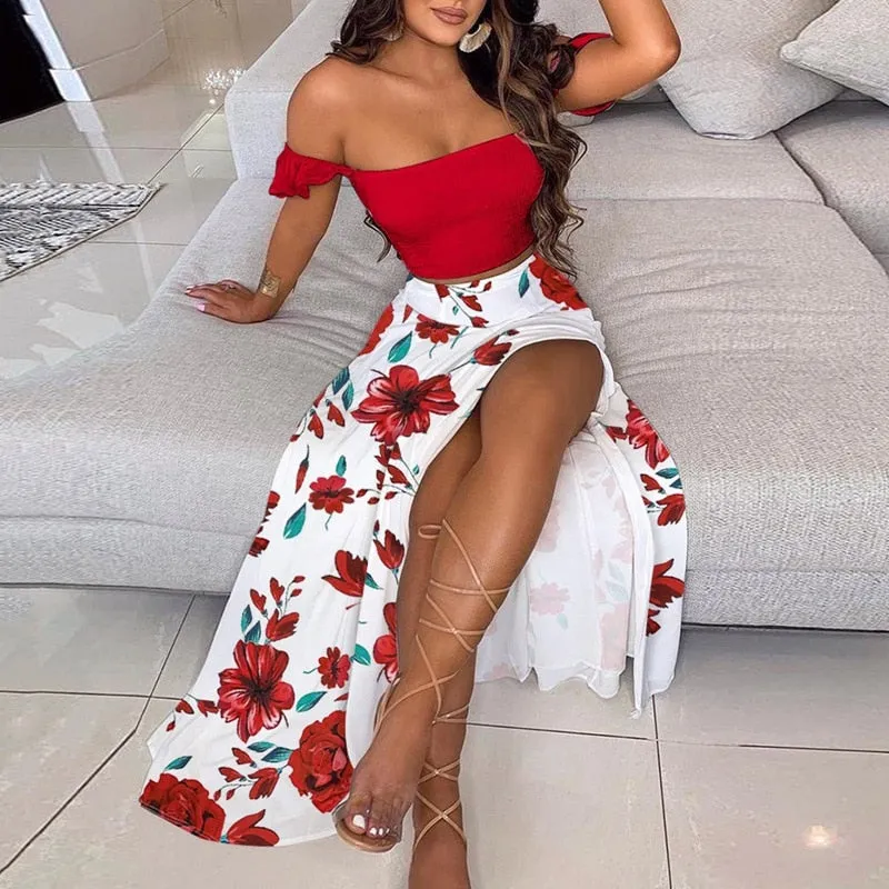 Wenkouban Women Floral Print 2 Piece Set Y2K Sexy Print Crop Top Shirring Set