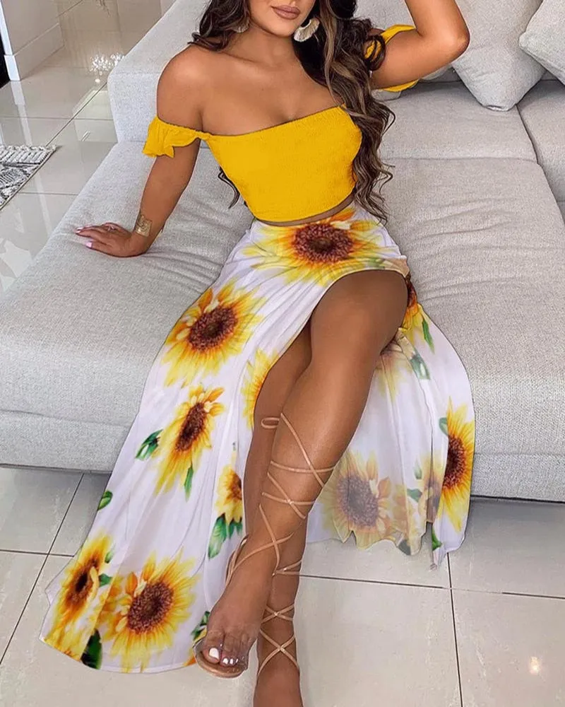 Wenkouban Women Floral Print 2 Piece Set Y2K Sexy Print Crop Top Shirring Set