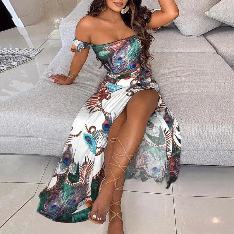 Wenkouban Women Floral Print 2 Piece Set Y2K Sexy Print Crop Top Shirring Set
