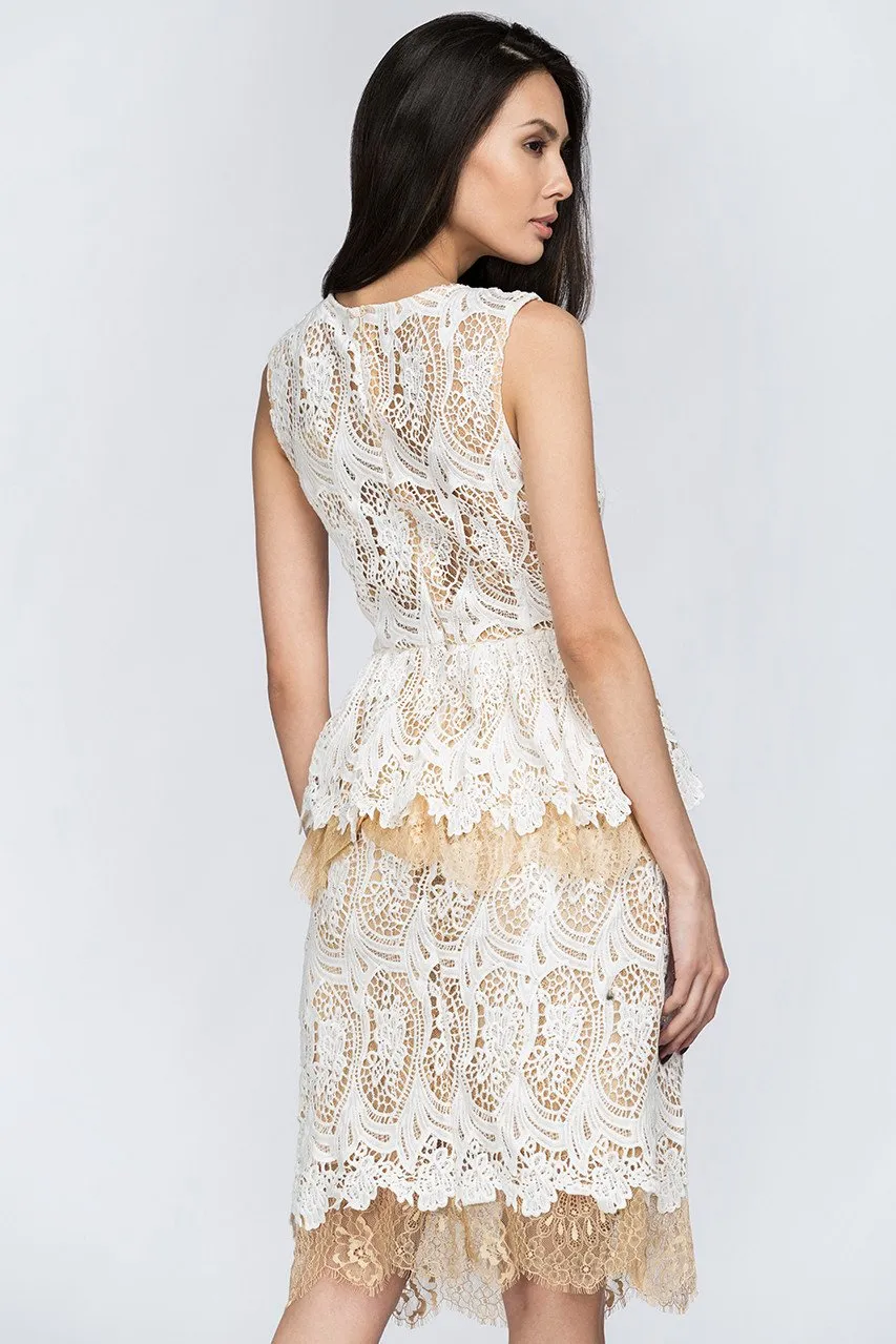 White Lace Scalloped Peplum Midi Dress