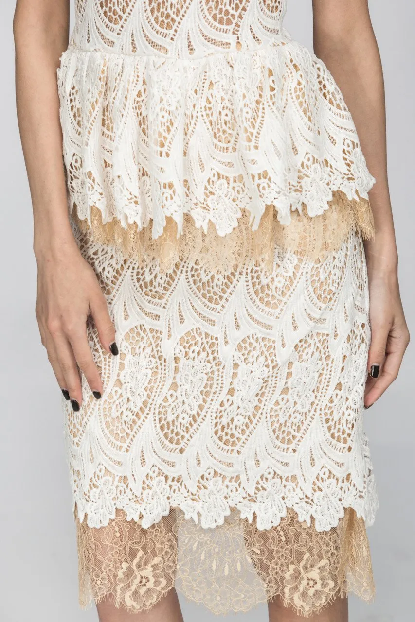 White Lace Scalloped Peplum Midi Dress
