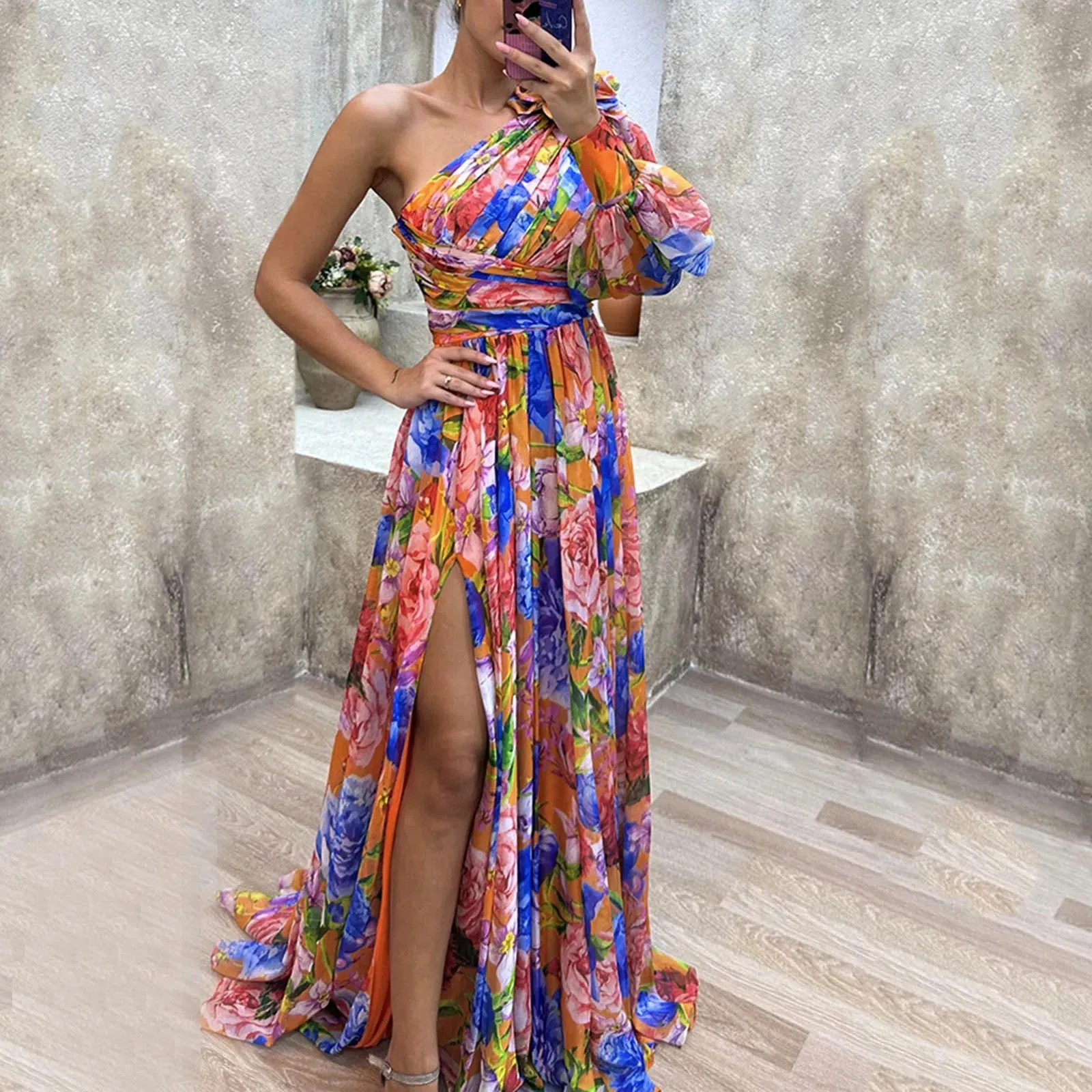 Wjczt Formal Evening Gown with Slits Floral Print Evening Dress Elegant One Shoulder Floral Print Maxi Dress for Women for Party 2024