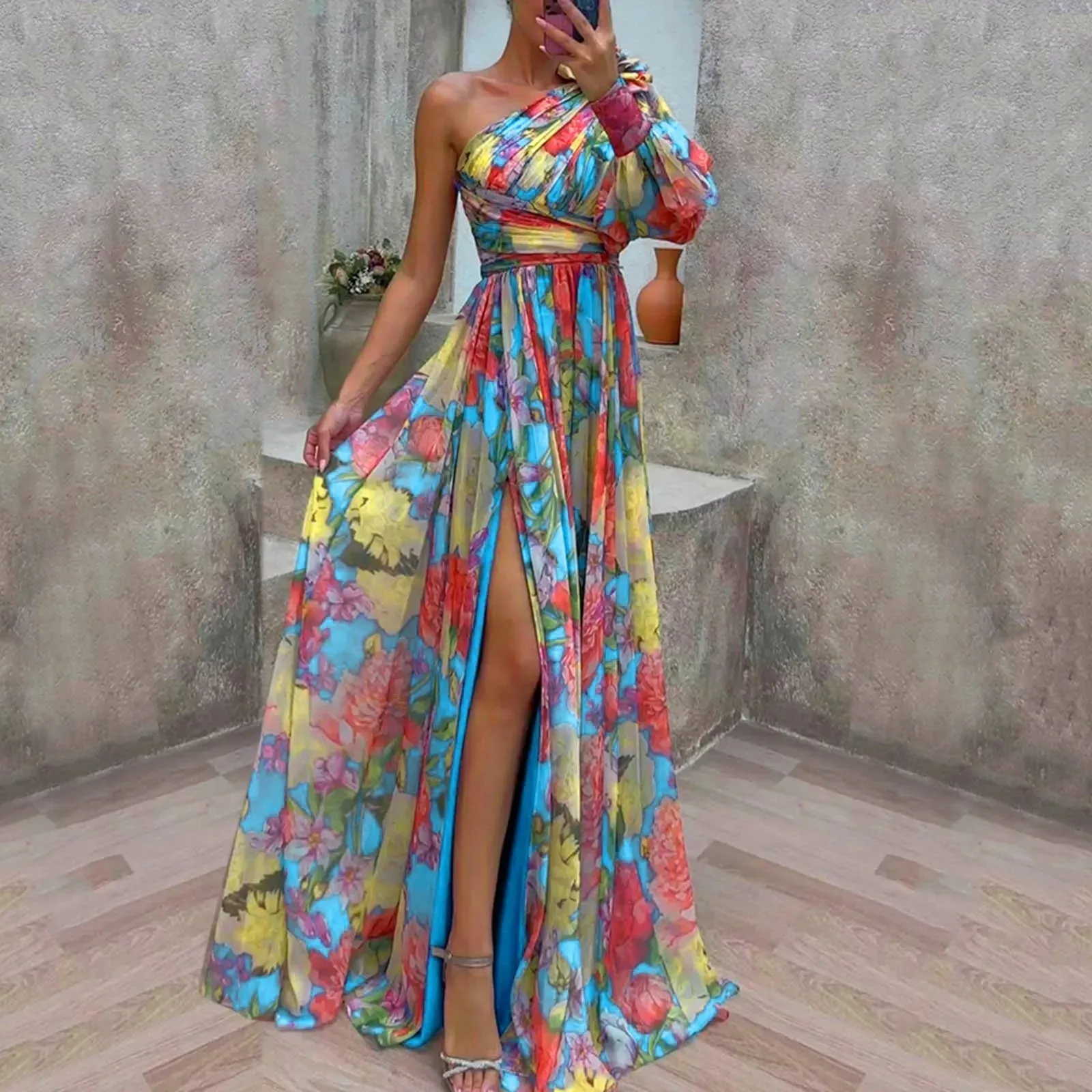 Wjczt Formal Evening Gown with Slits Floral Print Evening Dress Elegant One Shoulder Floral Print Maxi Dress for Women for Party 2024
