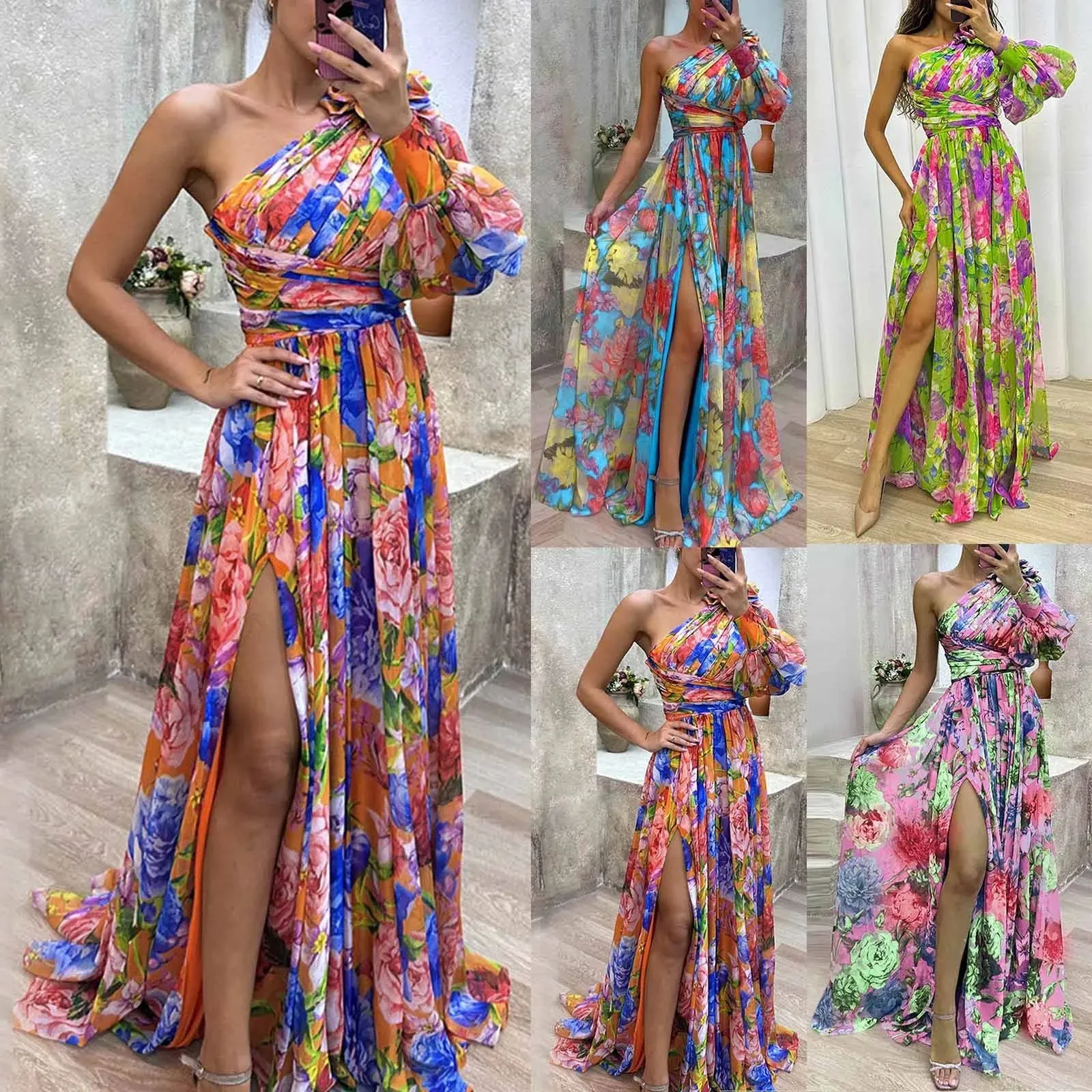 Wjczt Formal Evening Gown with Slits Floral Print Evening Dress Elegant One Shoulder Floral Print Maxi Dress for Women for Party 2024