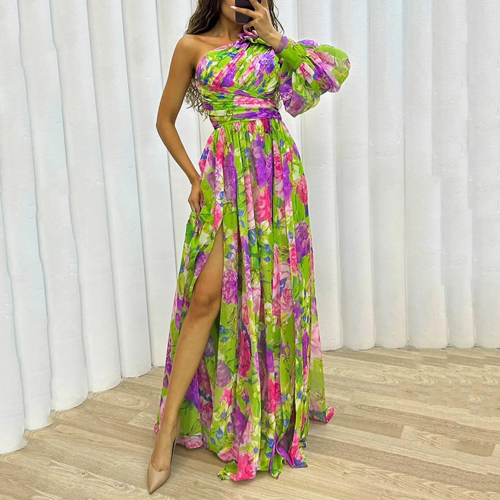 Wjczt Formal Evening Gown with Slits Floral Print Evening Dress Elegant One Shoulder Floral Print Maxi Dress for Women for Party 2024