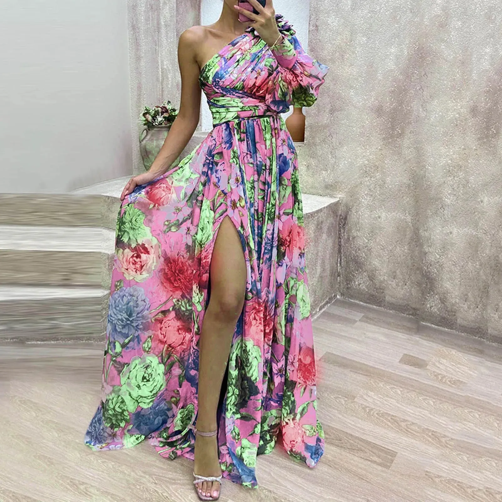 Wjczt Formal Evening Gown with Slits Floral Print Evening Dress Elegant One Shoulder Floral Print Maxi Dress for Women for Party 2024