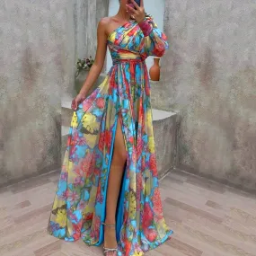 Wjczt Formal Evening Gown with Slits Floral Print Evening Dress Elegant One Shoulder Floral Print Maxi Dress for Women for Party 2024