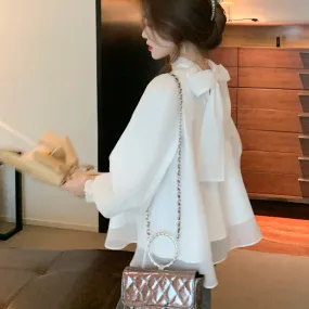 Wjczt Loose Chiffon Women Blouse Spring/Summer 2022 New Lantern Long Sleeve Bow Shirt Women&#39;s Blusas Mujer Elegant Organza Shirt 152i