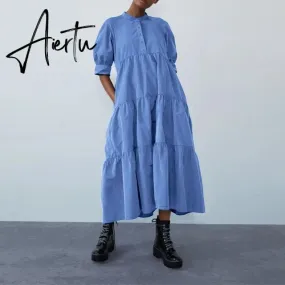 Women Dress  Autumn Turn Down Neck Long Lantern Sleeve Dresses  Bohemain Vestidos Knee-Length Sundress