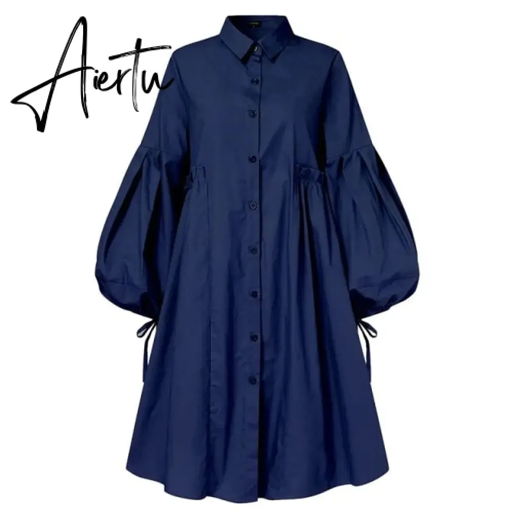 Women Dress  Autumn Turn Down Neck Long Lantern Sleeve Dresses  Bohemain Vestidos Knee-Length Sundress