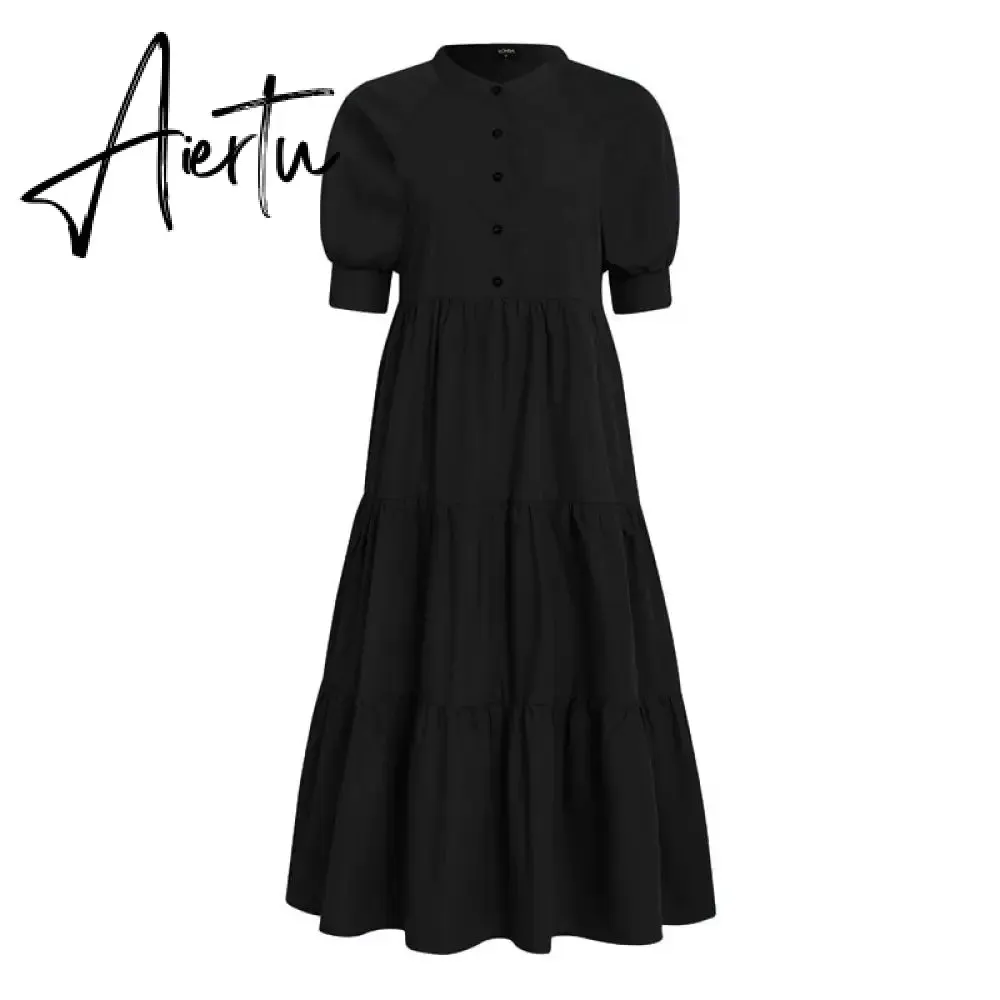 Women Dress  Autumn Turn Down Neck Long Lantern Sleeve Dresses  Bohemain Vestidos Knee-Length Sundress