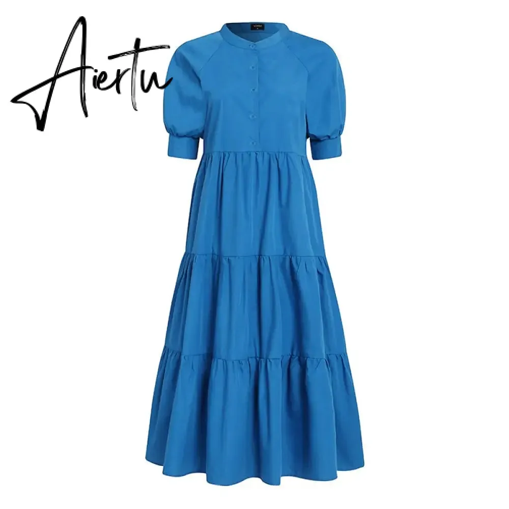 Women Dress  Autumn Turn Down Neck Long Lantern Sleeve Dresses  Bohemain Vestidos Knee-Length Sundress