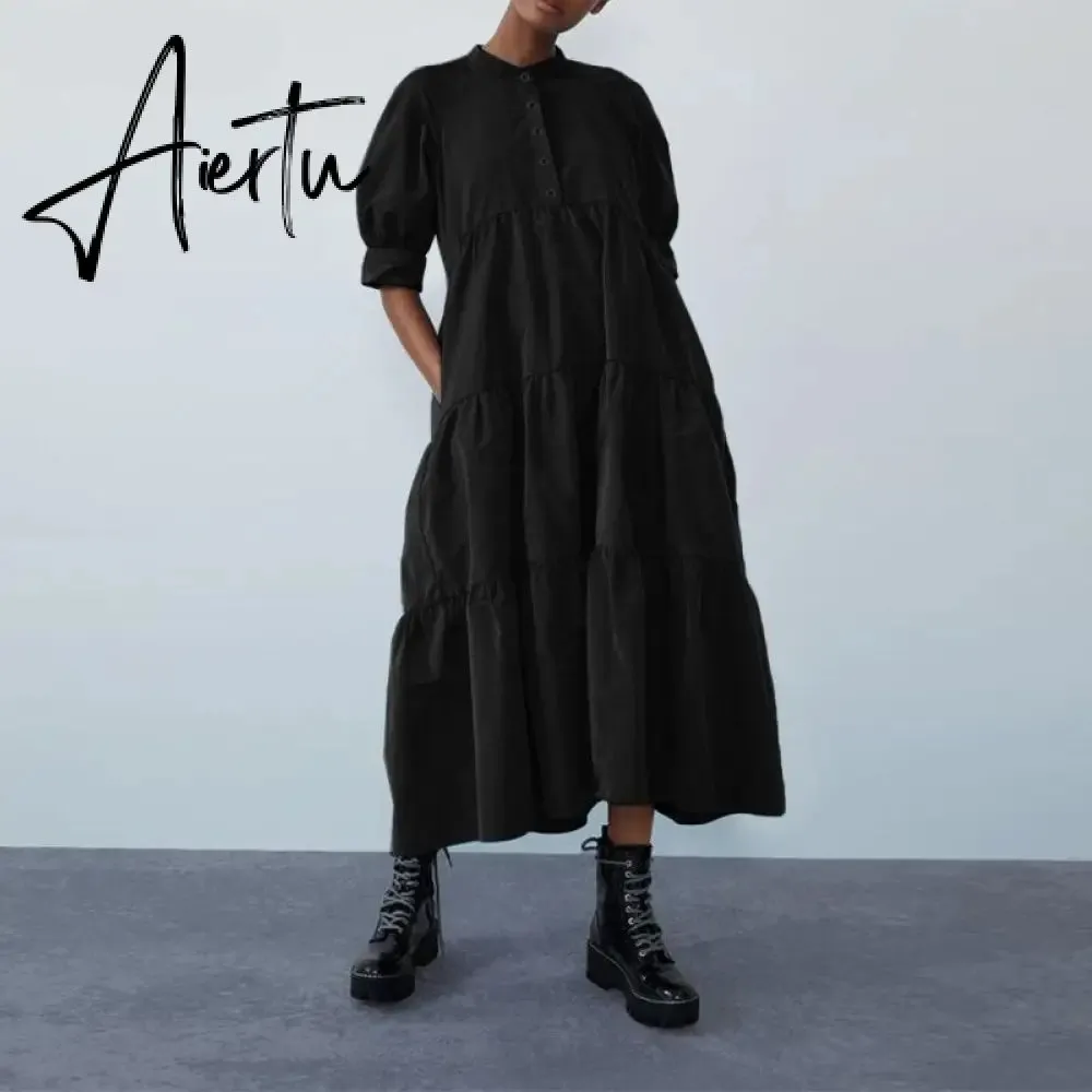 Women Dress  Autumn Turn Down Neck Long Lantern Sleeve Dresses  Bohemain Vestidos Knee-Length Sundress