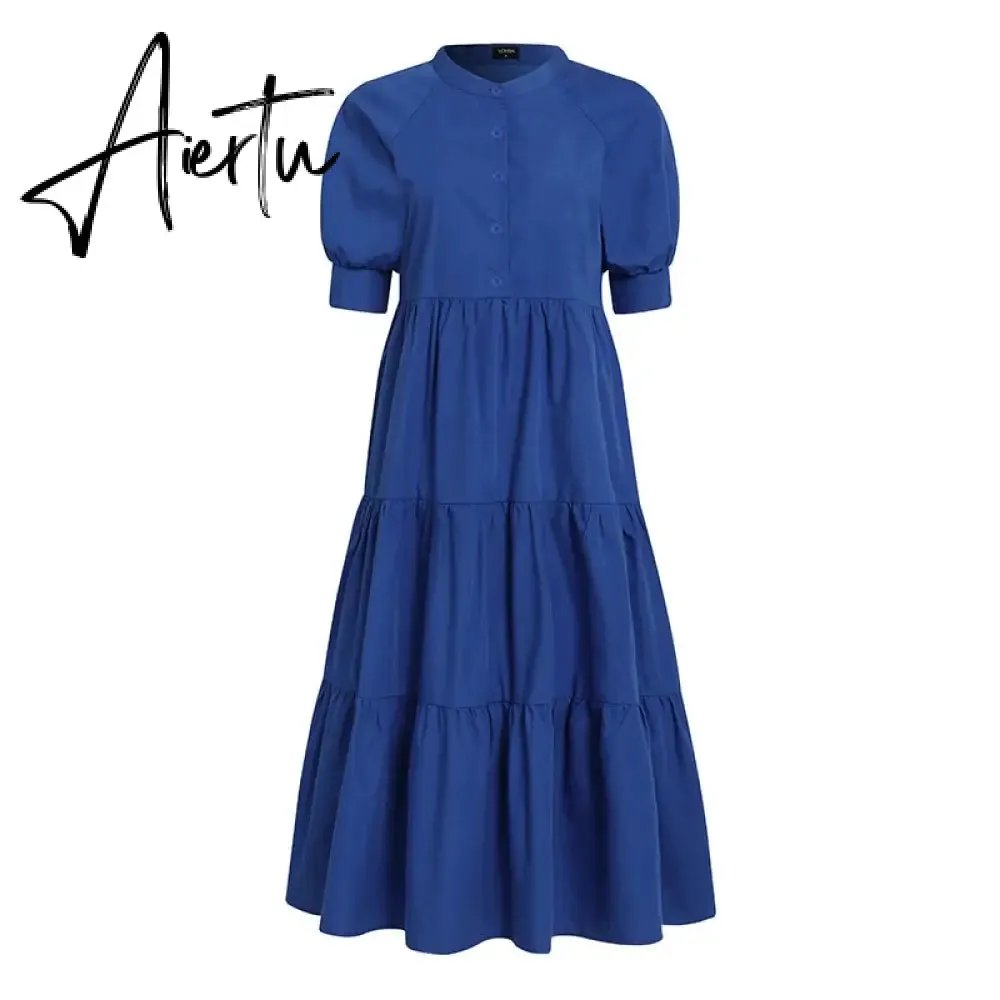 Women Dress  Autumn Turn Down Neck Long Lantern Sleeve Dresses  Bohemain Vestidos Knee-Length Sundress