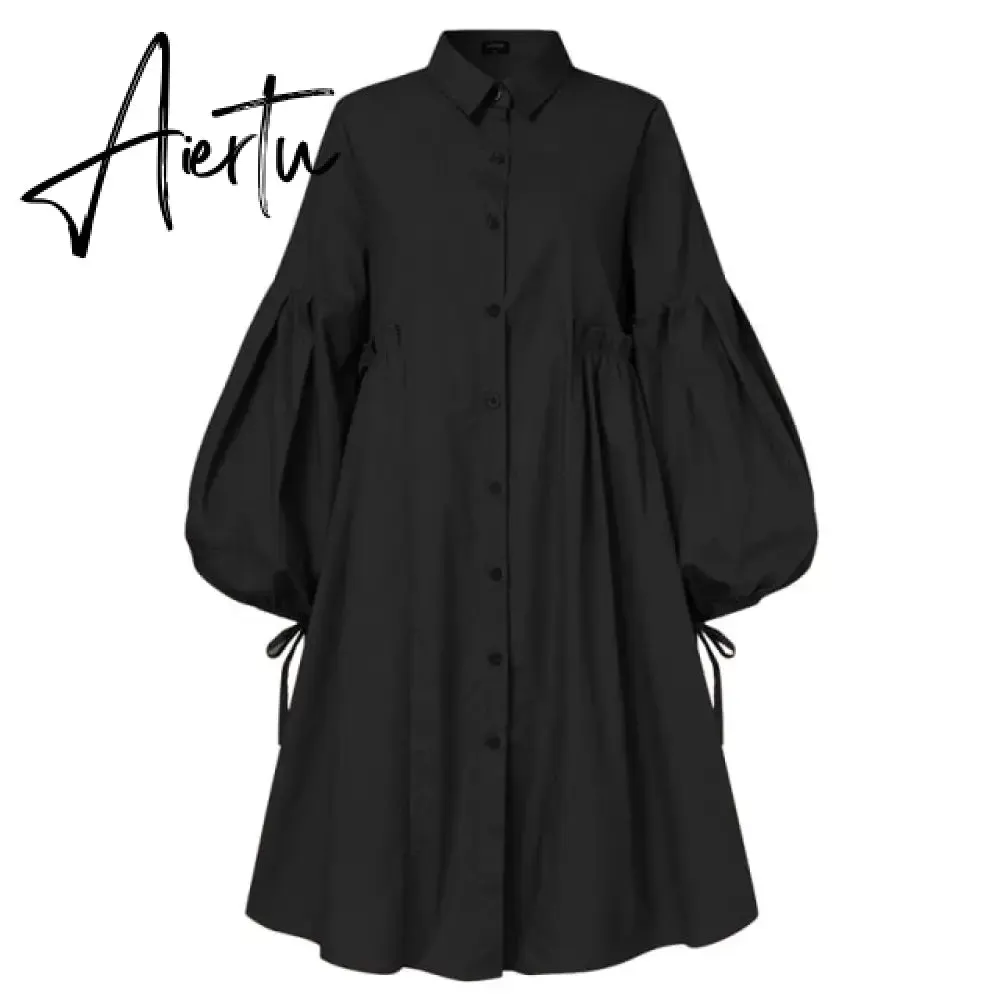 Women Dress  Autumn Turn Down Neck Long Lantern Sleeve Dresses  Bohemain Vestidos Knee-Length Sundress