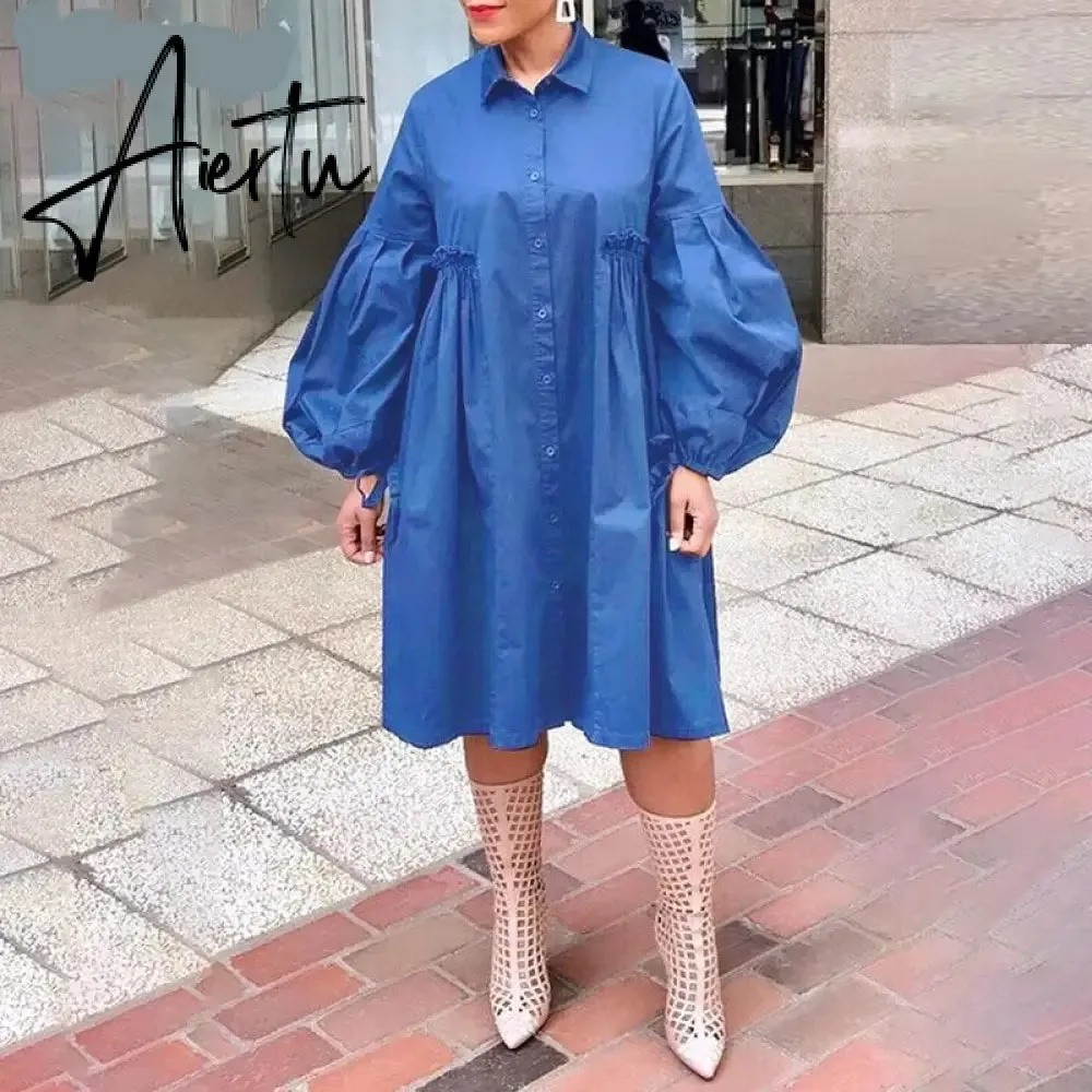 Women Dress  Autumn Turn Down Neck Long Lantern Sleeve Dresses  Bohemain Vestidos Knee-Length Sundress