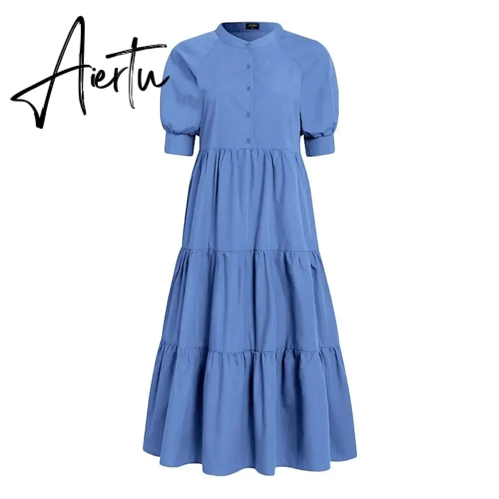 Women Dress  Autumn Turn Down Neck Long Lantern Sleeve Dresses  Bohemain Vestidos Knee-Length Sundress