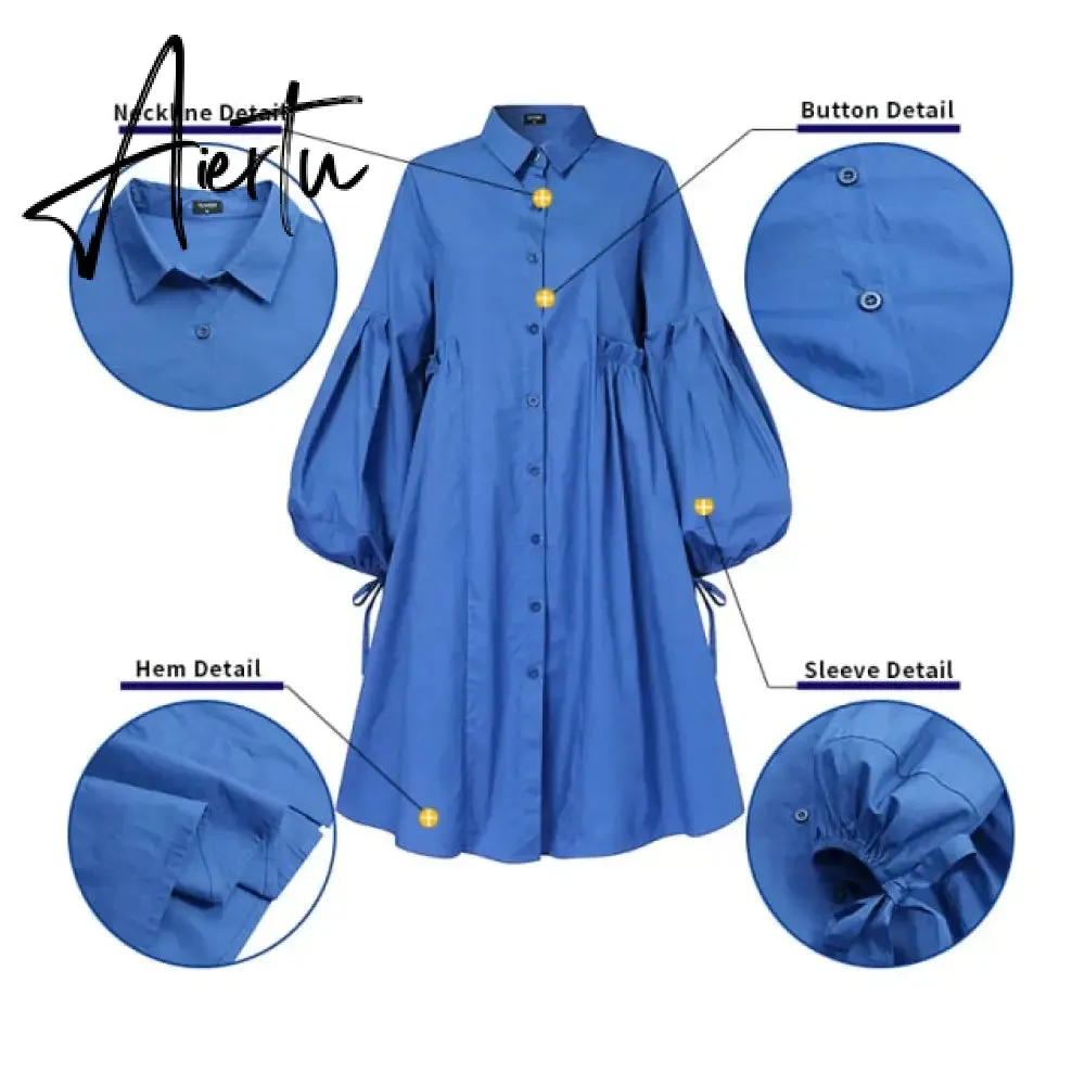 Women Dress  Autumn Turn Down Neck Long Lantern Sleeve Dresses  Bohemain Vestidos Knee-Length Sundress