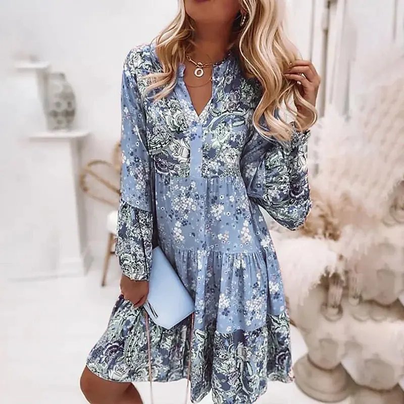 Women Floral Print Dress | Oversize Elegant Pleated Long Sleeve Casual Dress