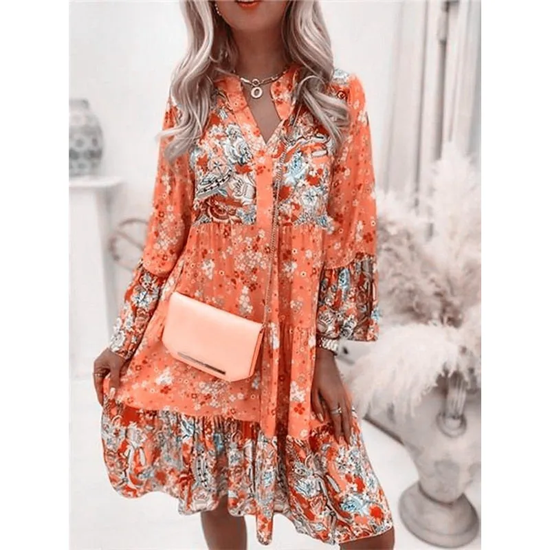 Women Floral Print Dress | Oversize Elegant Pleated Long Sleeve Casual Dress