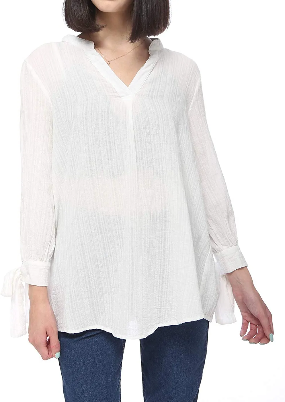 Women's Cotton Loose Blouse Top Split Neck Tunic V Neck Long Sleeve Shirt
