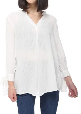 Women's Cotton Loose Blouse Top Split Neck Tunic V Neck Long Sleeve Shirt
