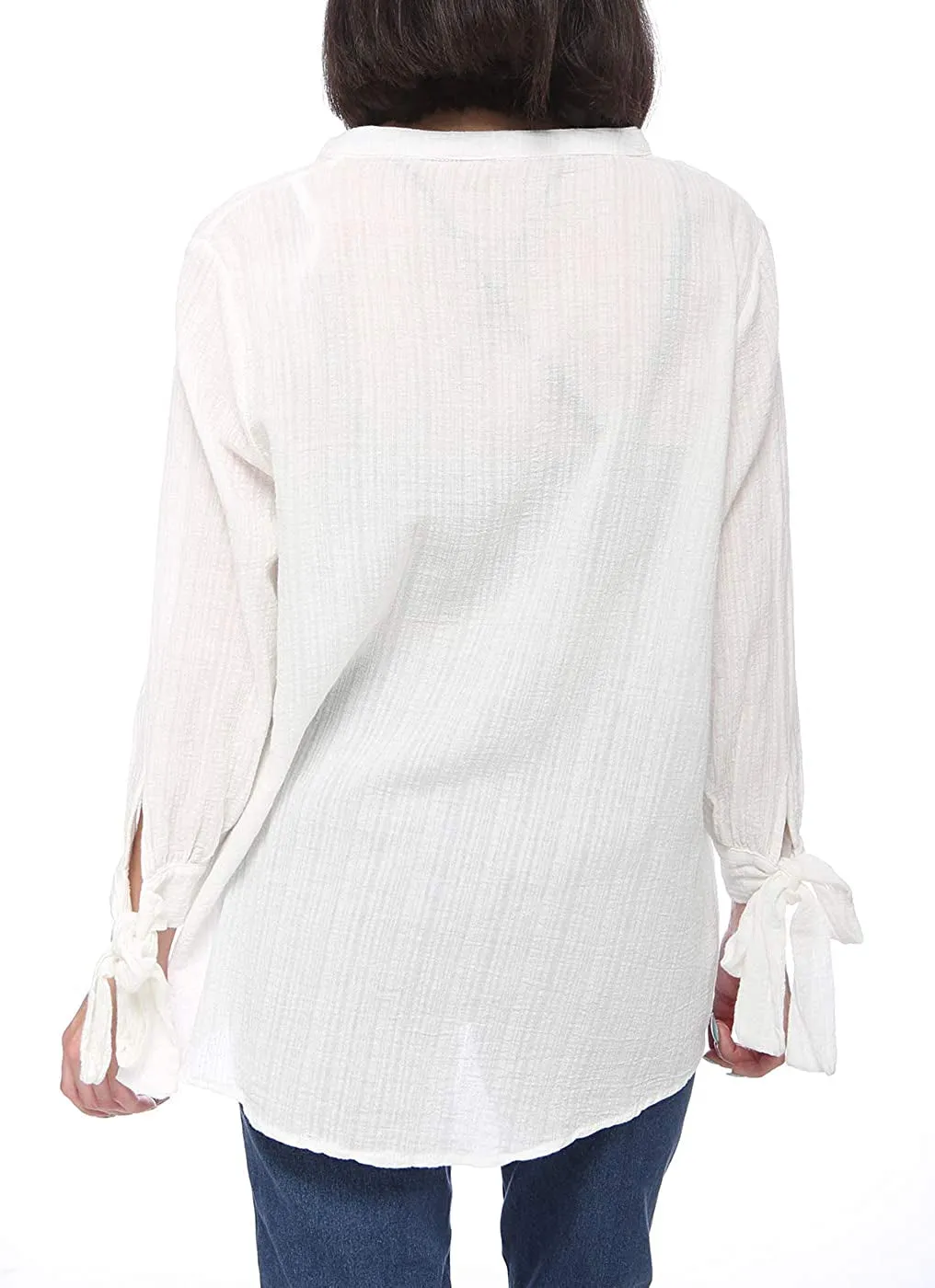 Women's Cotton Loose Blouse Top Split Neck Tunic V Neck Long Sleeve Shirt